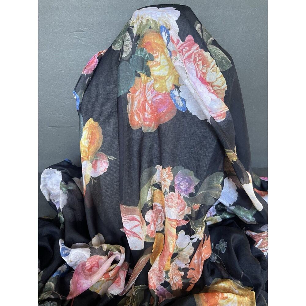 Womens Floral Scarf Black Boho Square 50x 50 Art To Wear Career Wrap Cocktail